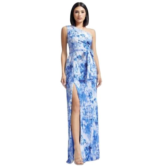 Dress The Population Maxi,  Size XS, Blue White, Micro Pleated, One Shoulder NEW - Picture 1 of 14